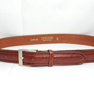 Mens Leather Belt Sz 40 Cognac Brown Accent Stitching Silver Tone Buckle Italy